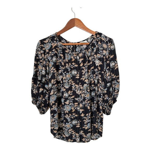 Knox Rose Blue Floral Gold Metallic Stripe Crochet Sleeve Button Front Top Small - Picture 2 of 9